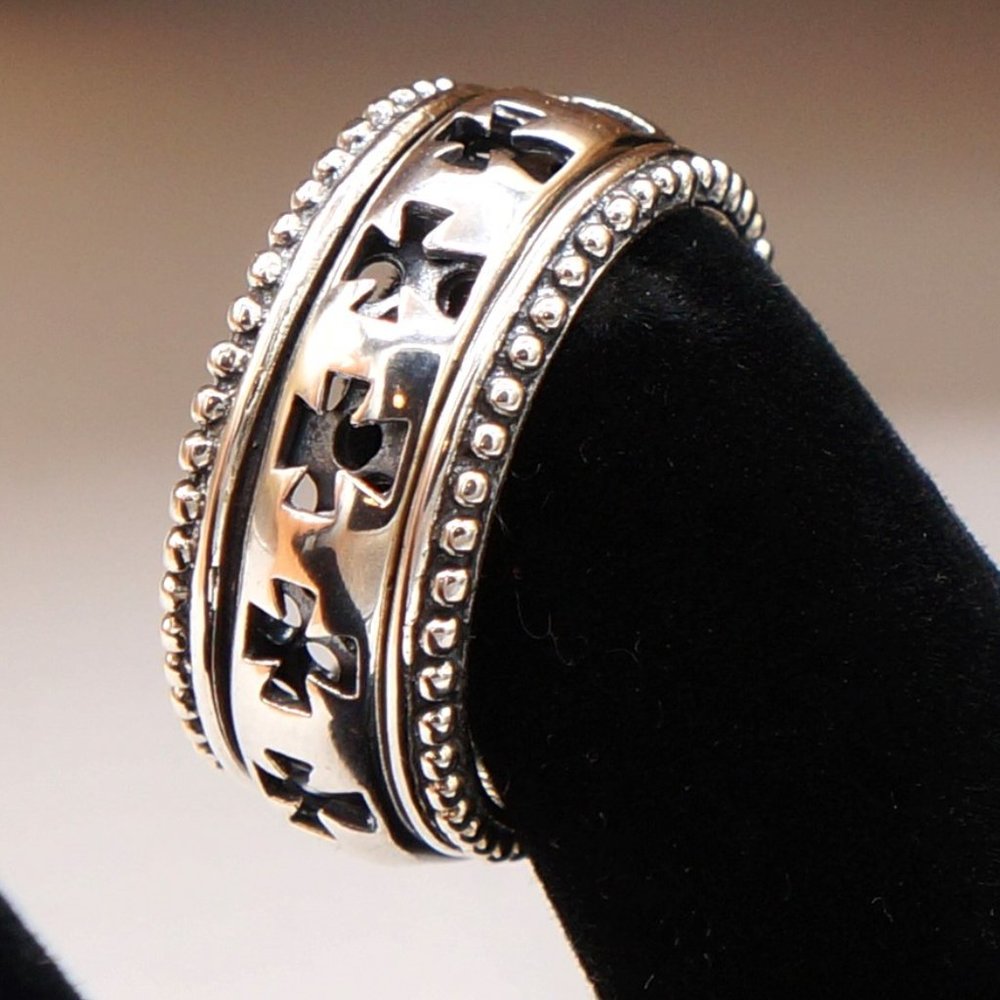 Maltese or Christian Spinner Cross Silver Ornate Ring Signed Size US 10+ UK 10